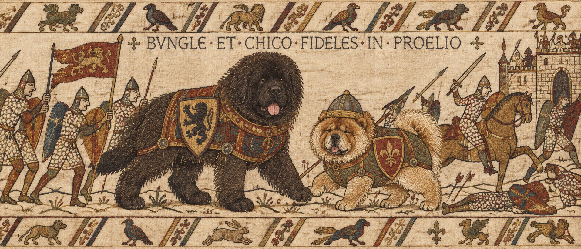 Bungle and Chico depicted as medieval battle dogs in the style of the Bayeux Tapestry